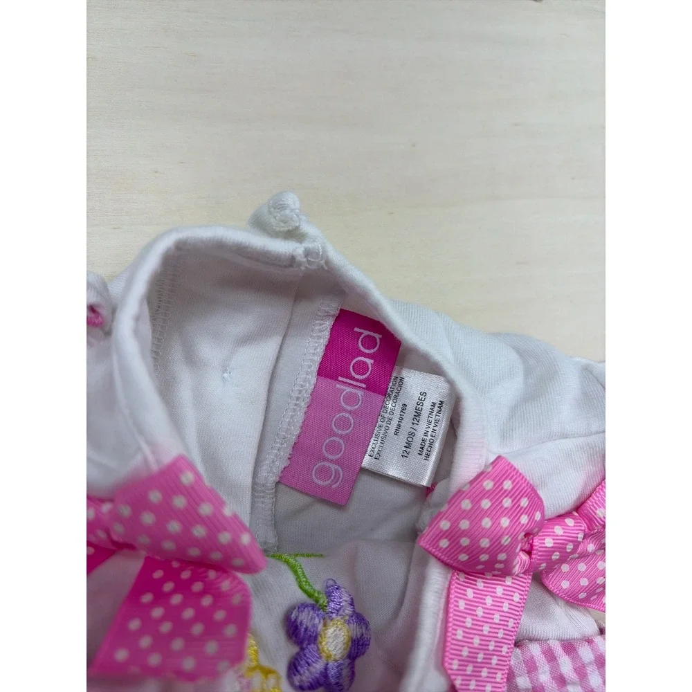 Vintage Good Lad Baby Girl Pink Gingham Floral Embroidered Jumpsuit Bows12 Month